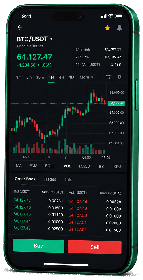 Plataforma de trading Dorado Patrimazgo en móvil — gráficos de BTC/USDT en tiempo real, libro de órdenes y panel para comprar y vender